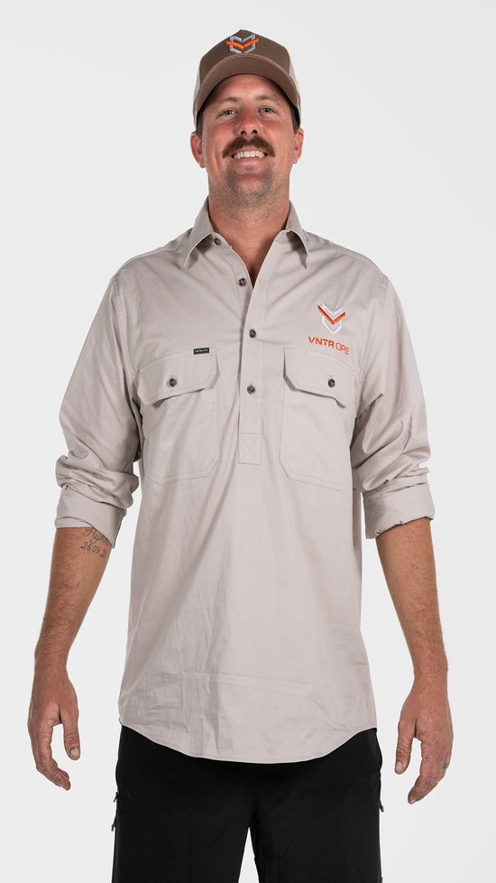 Half Button Work Shirts - Stone Grey