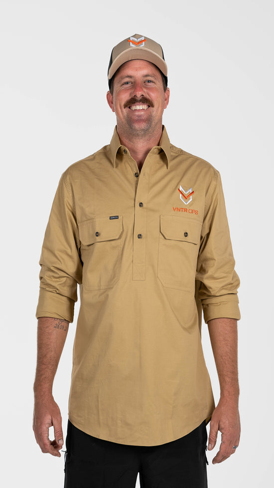 Half Button Work Shirts - Tan